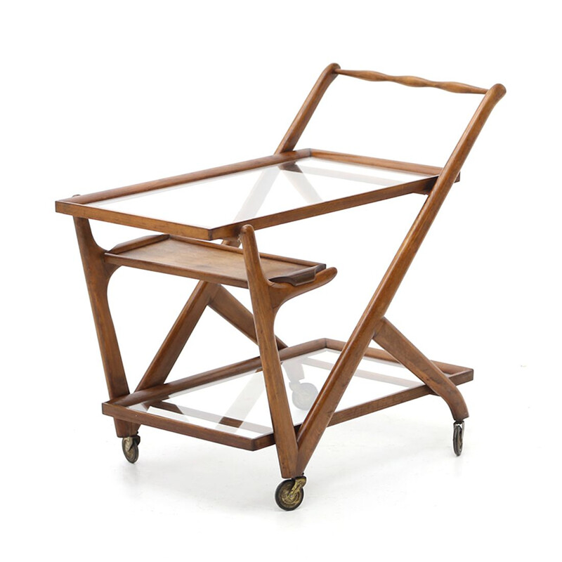 Vintage wood and glass bar trolley with tray by Cassina, 1950s