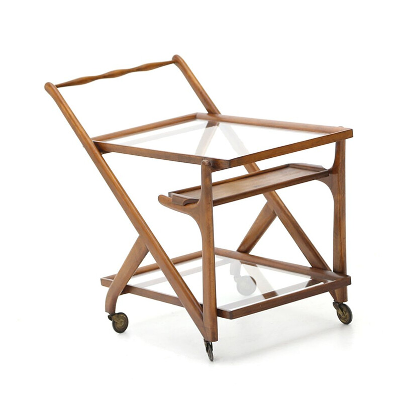 Vintage wood and glass bar trolley with tray by Cassina, 1950s