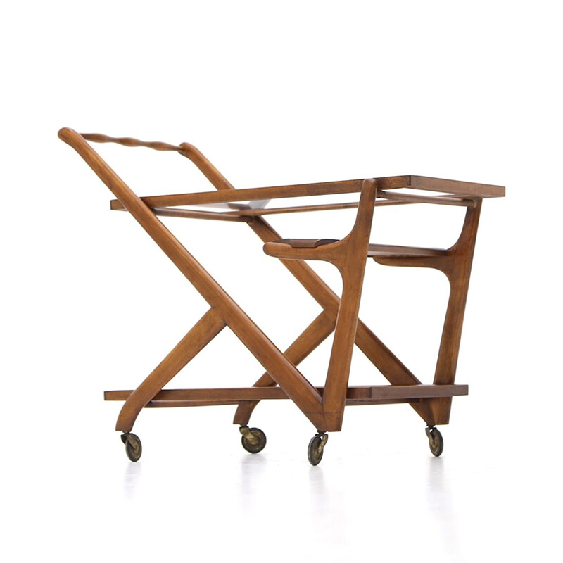 Vintage wood and glass bar trolley with tray by Cassina, 1950s