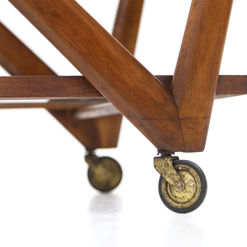 Vintage wood and glass bar trolley with tray by Cassina, 1950s