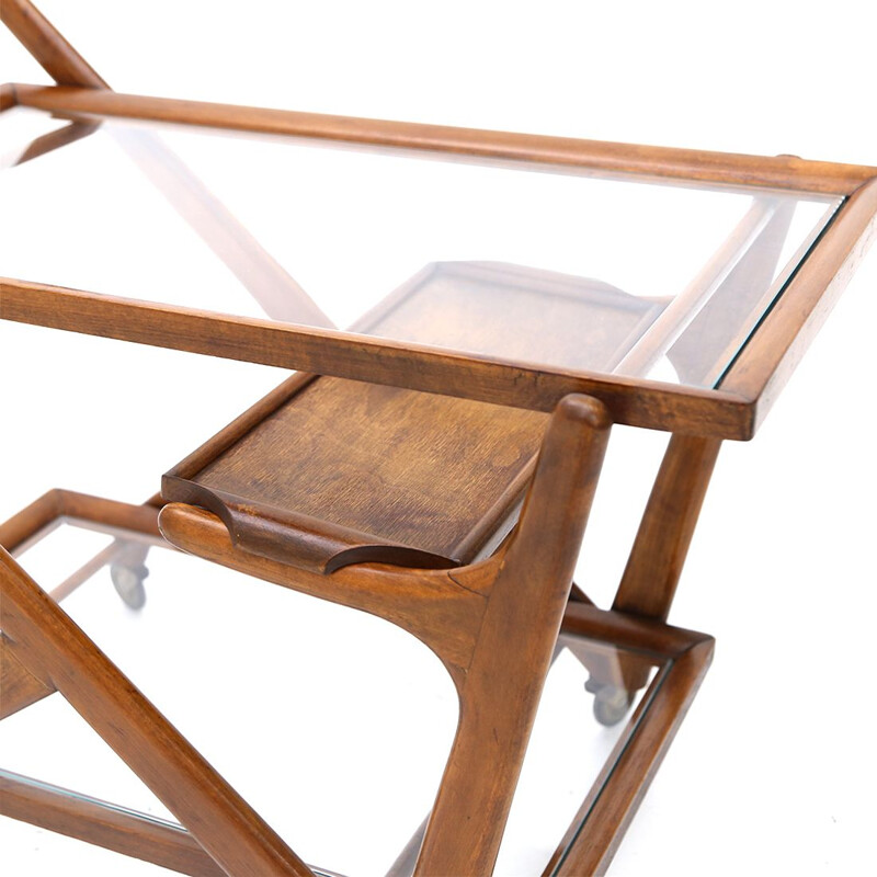 Vintage wood and glass bar trolley with tray by Cassina, 1950s