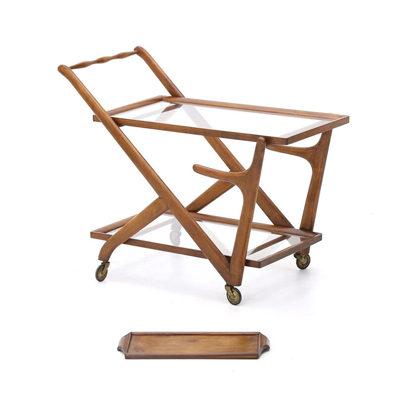 Vintage wood and glass bar trolley with tray by Cassina, 1950s