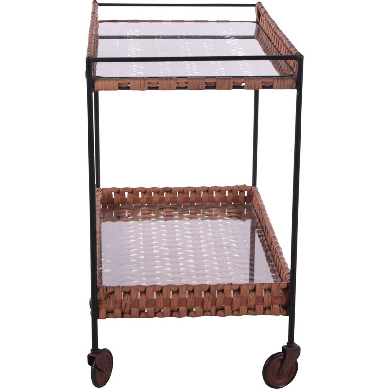 Vintage French rattan trolley with glass tops, 1960