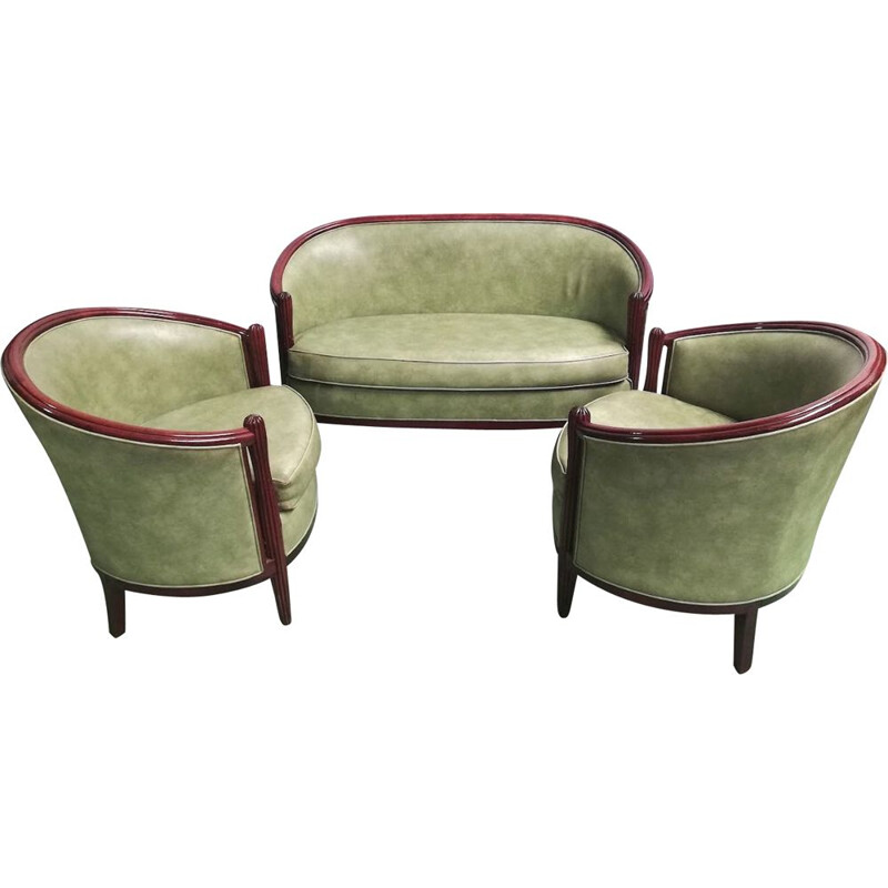 Vintage Rosello living room set in beechwood and green leather