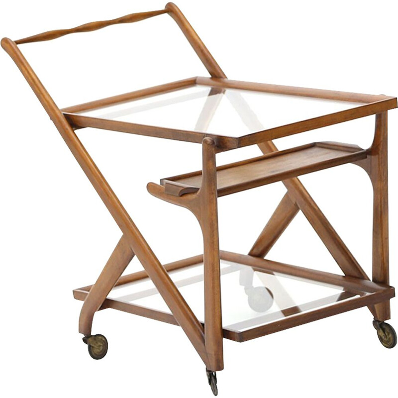 Vintage wood and glass bar trolley with tray by Cassina, 1950s