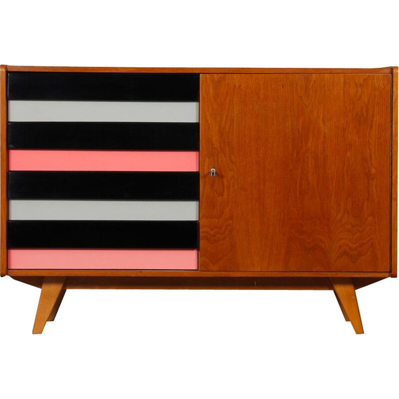 Vintage chest of drawers with pink drawers model U458 by Jiri Jiroutek, 1960s