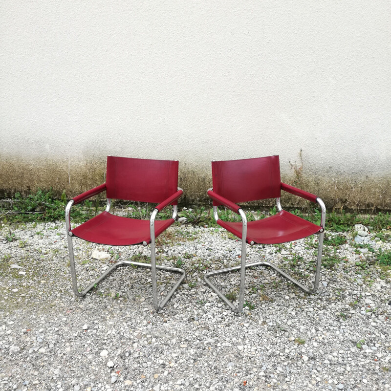 Pair of vintage leather and tubular steel office armchairs by Marcel Breuer, 1980