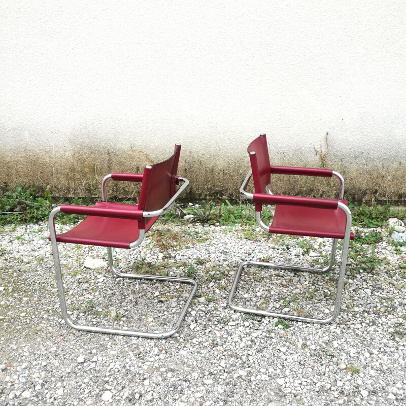 Pair of vintage leather and tubular steel office armchairs by Marcel Breuer, 1980