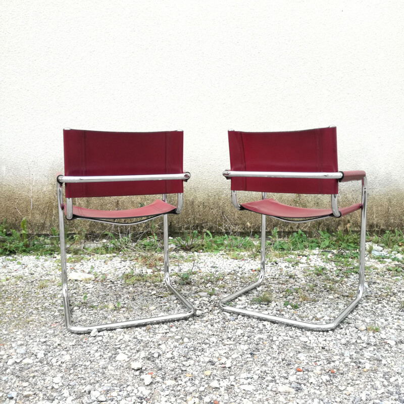 Pair of vintage leather and tubular steel office armchairs by Marcel Breuer, 1980