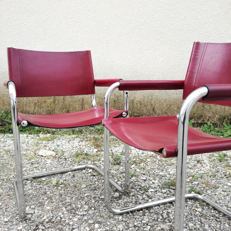 Pair of vintage leather and tubular steel office armchairs by Marcel Breuer, 1980