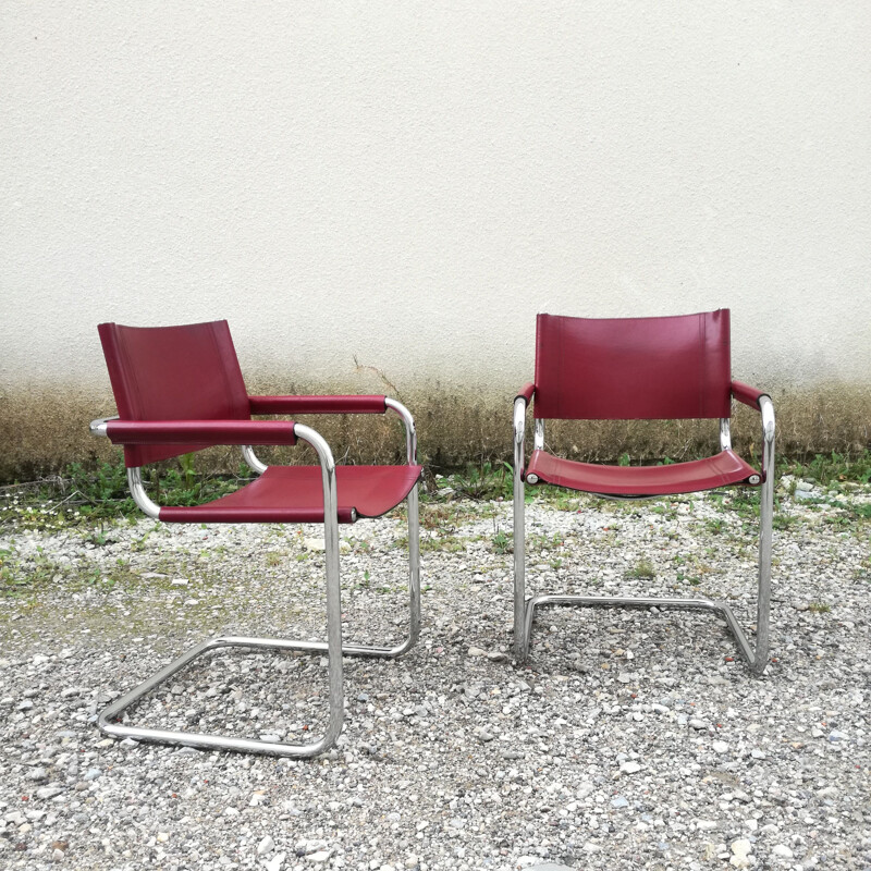 Pair of vintage leather and tubular steel office armchairs by Marcel Breuer, 1980