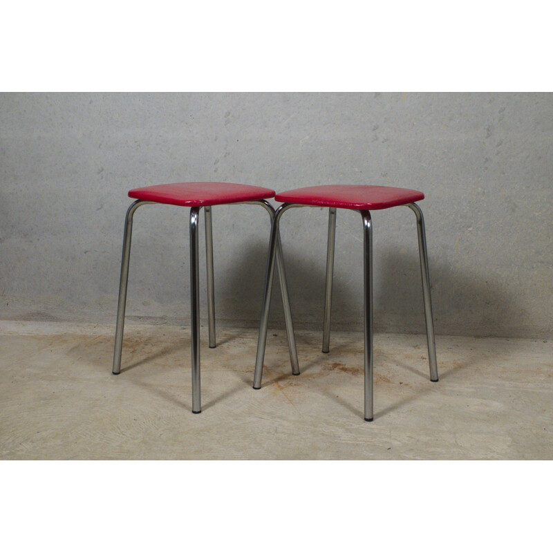 Pair of vintage chrome stools with red seat, 1960s