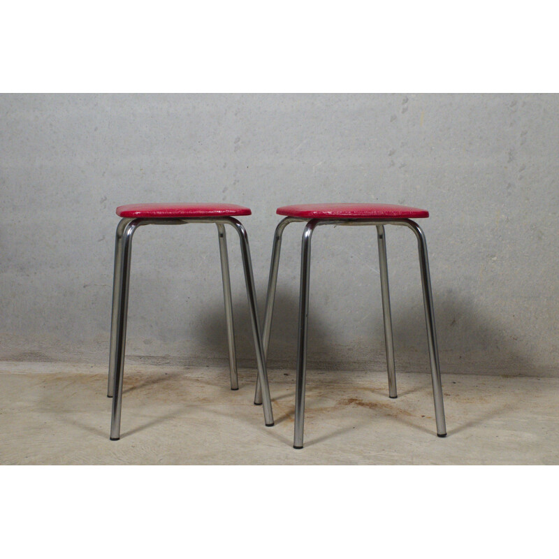 Pair of vintage chrome stools with red seat, 1960s