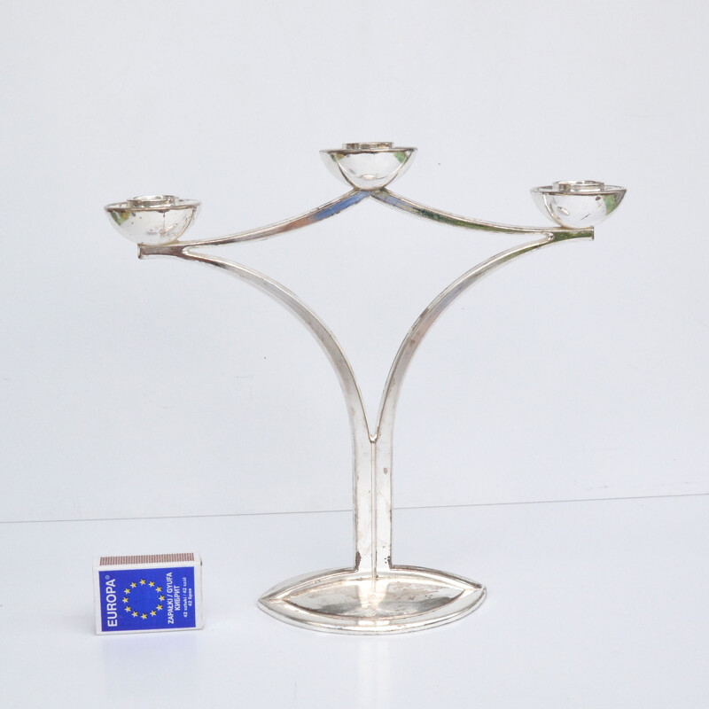 Vintage three-point candlestick in plated wood by BMF, Germany 1970