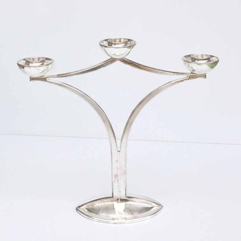 Vintage three-point candlestick in plated wood by BMF, Germany 1970