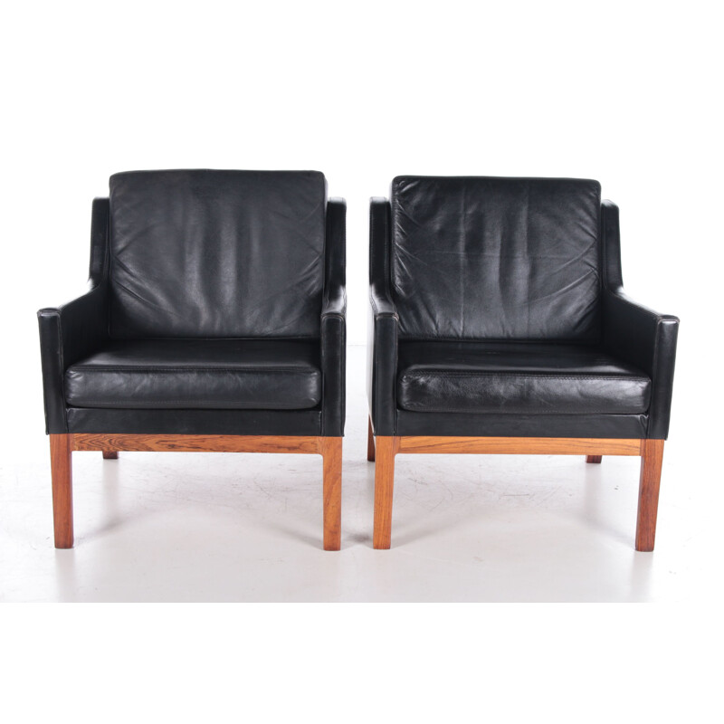 Pair of vintage leather and rosewood armchairs by Kai Lyngfeldt Larsen for Soren Willadsen, Denmark 1960