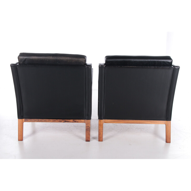 Pair of vintage leather and rosewood armchairs by Kai Lyngfeldt Larsen for Soren Willadsen, Denmark 1960