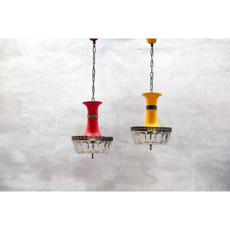Pair of vintage Crystal pendant lamps, Italy 1960s