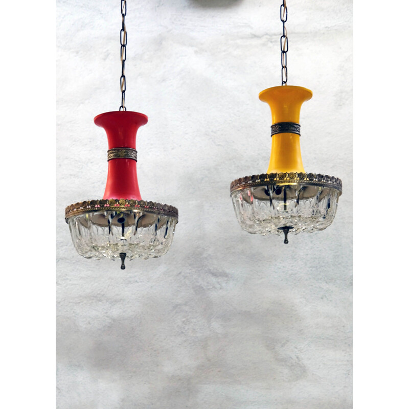 Pair of vintage Crystal pendant lamps, Italy 1960s