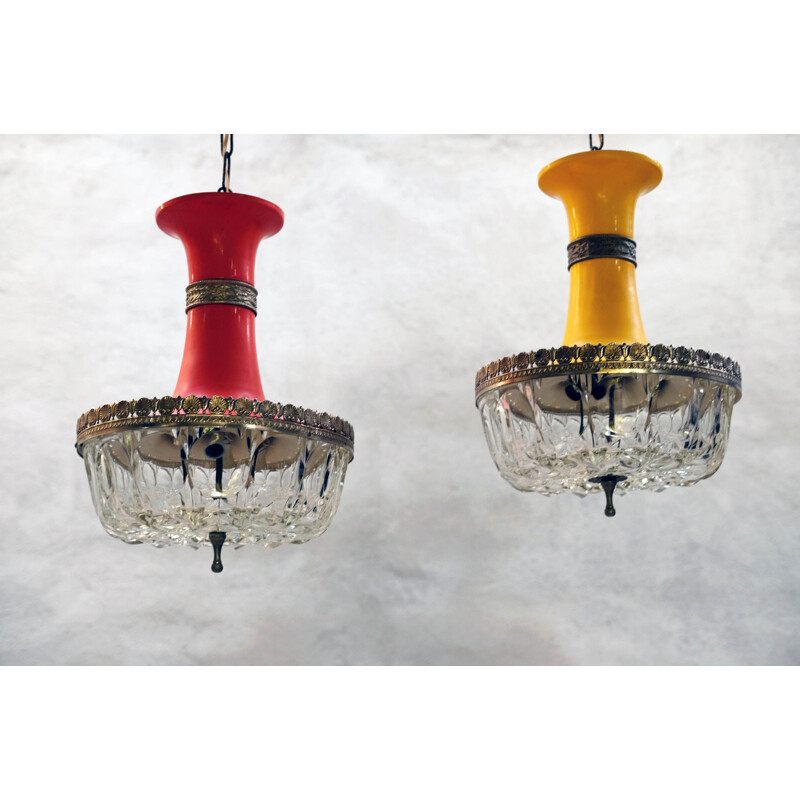 Pair of vintage Crystal pendant lamps, Italy 1960s