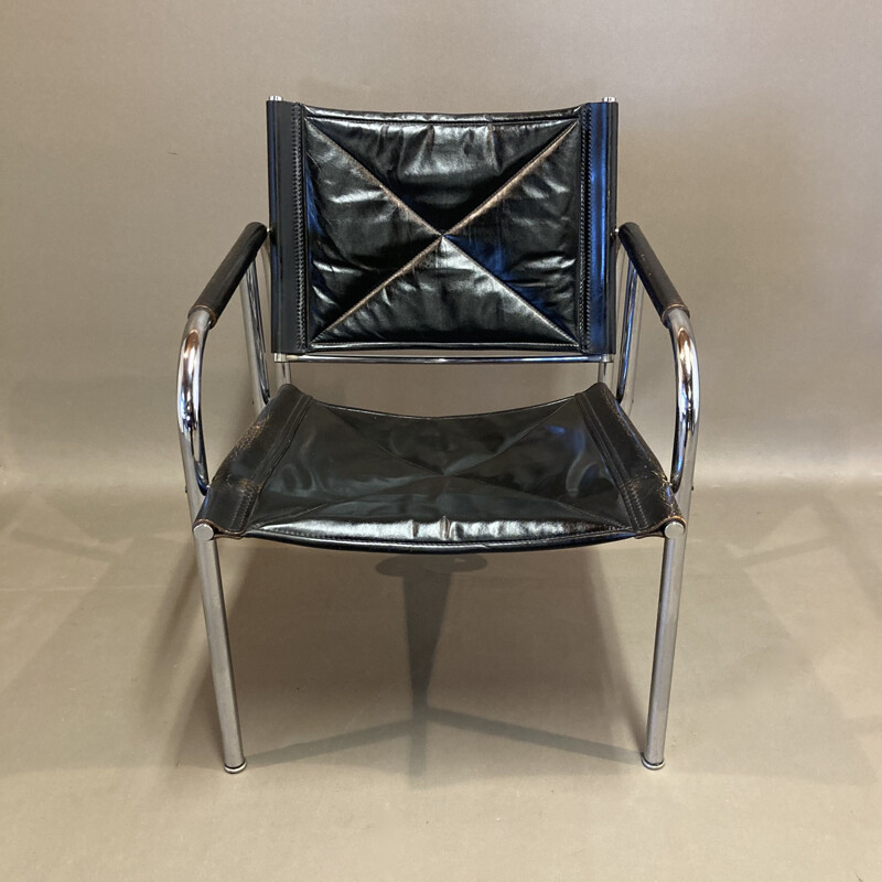 Vintage black leather and chrome armchair, 1960