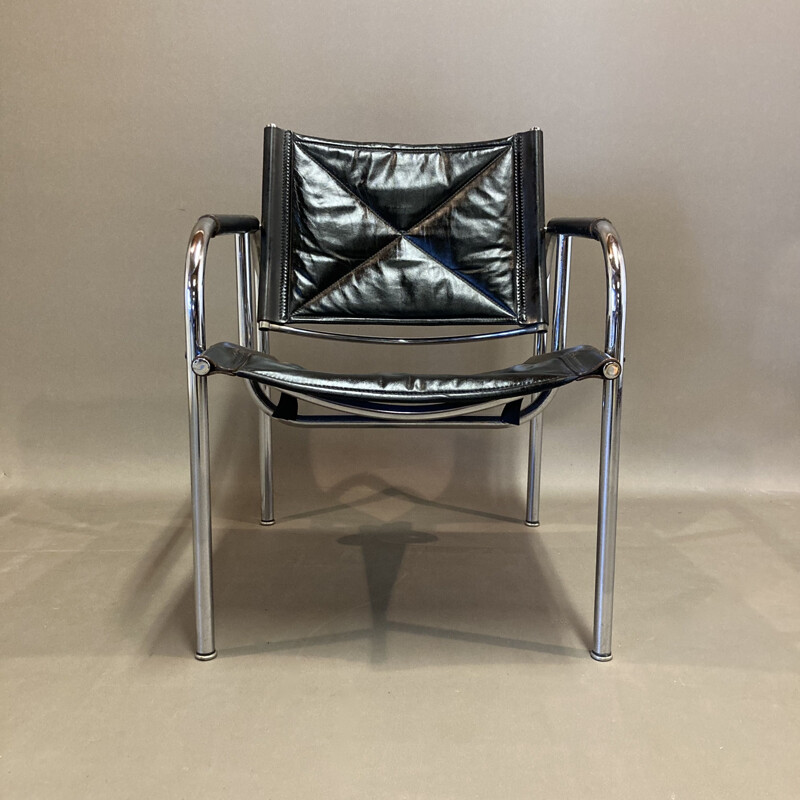 Vintage black leather and chrome armchair, 1960