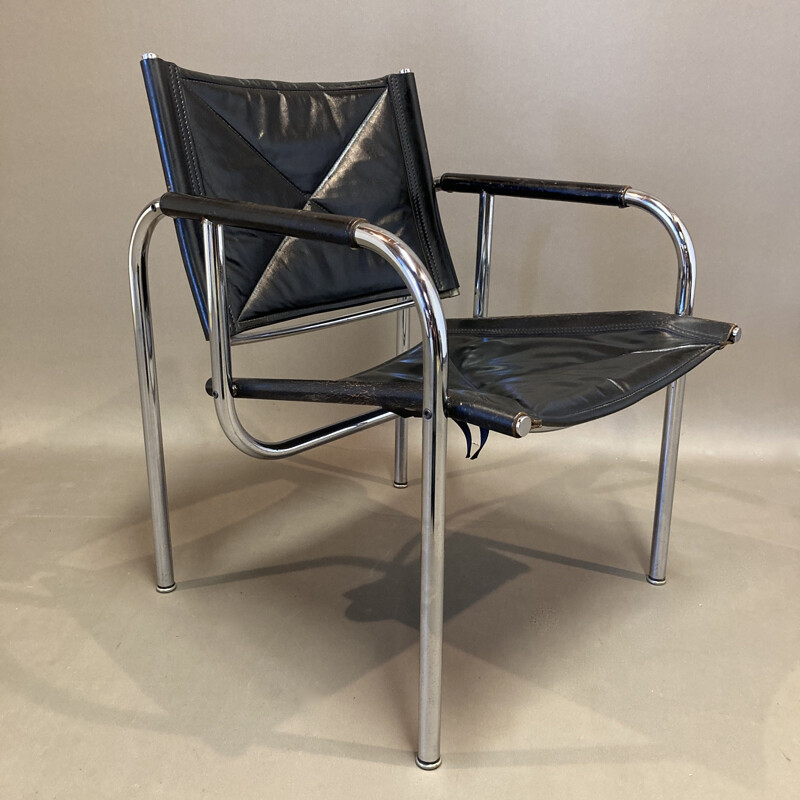 Vintage black leather and chrome armchair, 1960