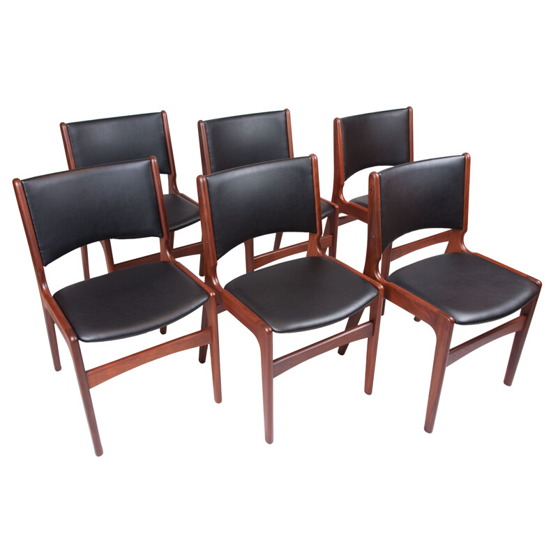 Set of 6 mid-century black eco-leather and teak dining chairs by Erik Buch for Anderstrup Møbelfabrik, Denmark 1960s