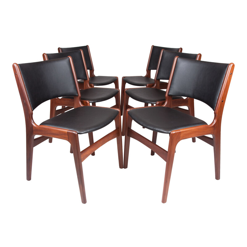 Set of 6 mid-century black eco-leather and teak dining chairs by Erik Buch for Anderstrup Møbelfabrik, Denmark 1960s
