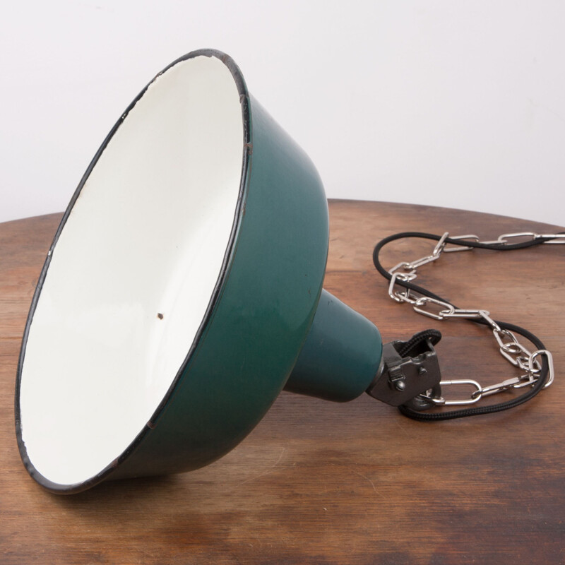 Industrial dark opal-green color enamel pendant lamp, Poland, 1960s