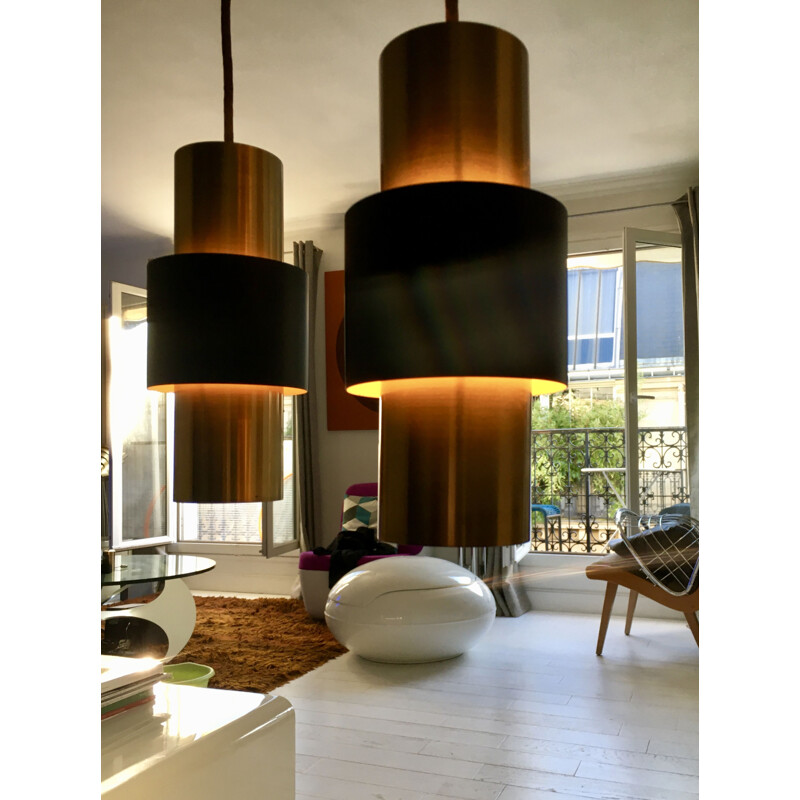 Vintage brass lacquered metal and teak zenith bar pendant lamp by Jo Hammerborg for Fog and Morup, Denmark 1960
