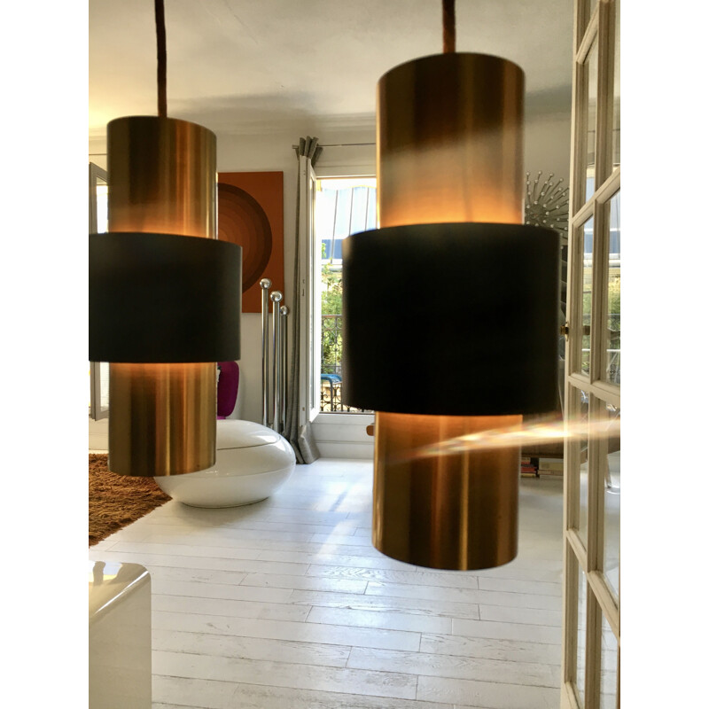 Vintage brass lacquered metal and teak zenith bar pendant lamp by Jo Hammerborg for Fog and Morup, Denmark 1960