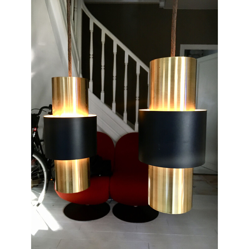 Vintage brass lacquered metal and teak zenith bar pendant lamp by Jo Hammerborg for Fog and Morup, Denmark 1960