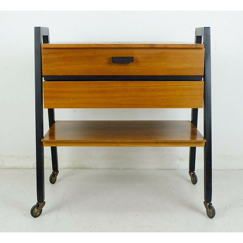 Extendable mid century trolley in walnut and black lacquered wood, 1960s 