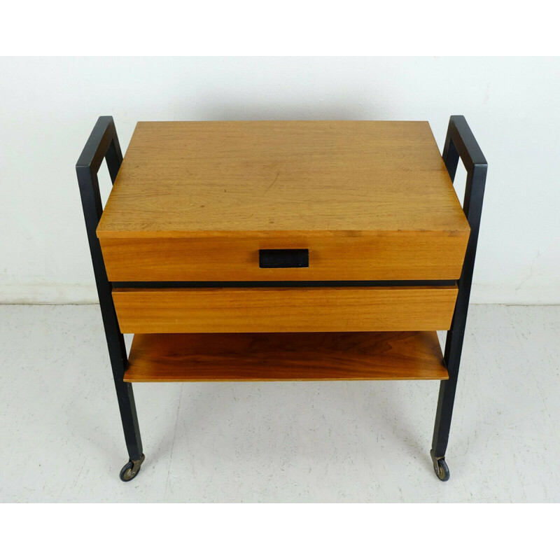 Extendable mid century trolley in walnut and black lacquered wood, 1960s 