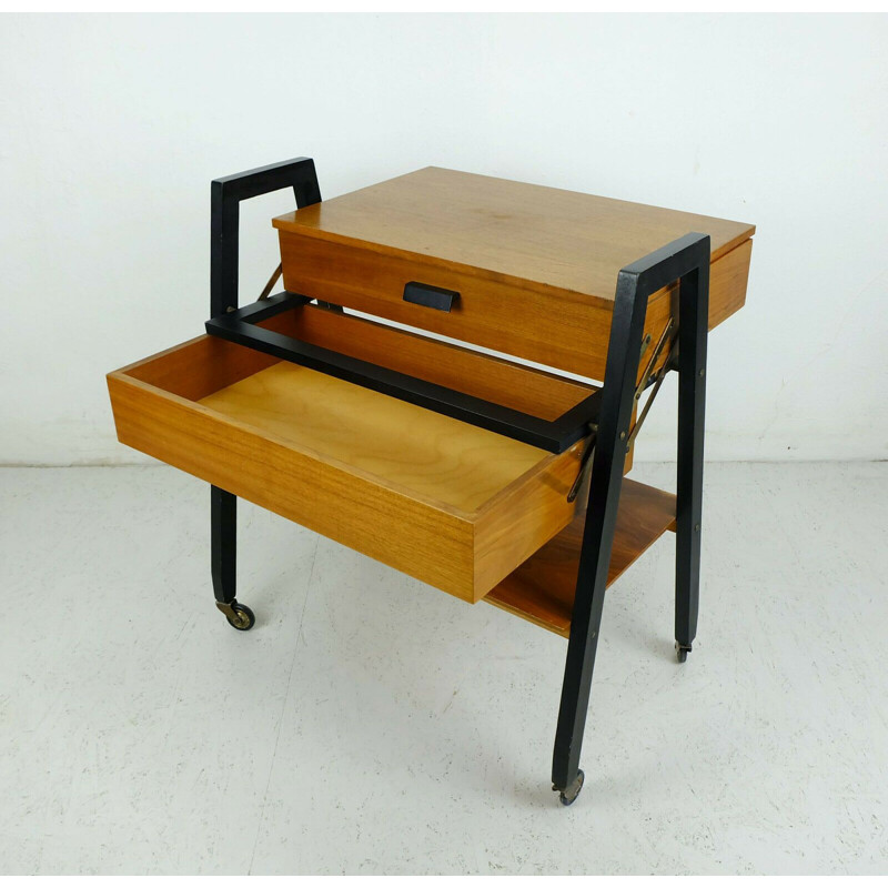 Extendable mid century trolley in walnut and black lacquered wood, 1960s 