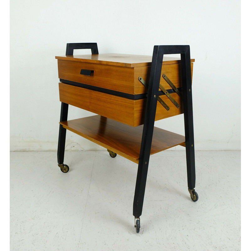 Extendable mid century trolley in walnut and black lacquered wood, 1960s 