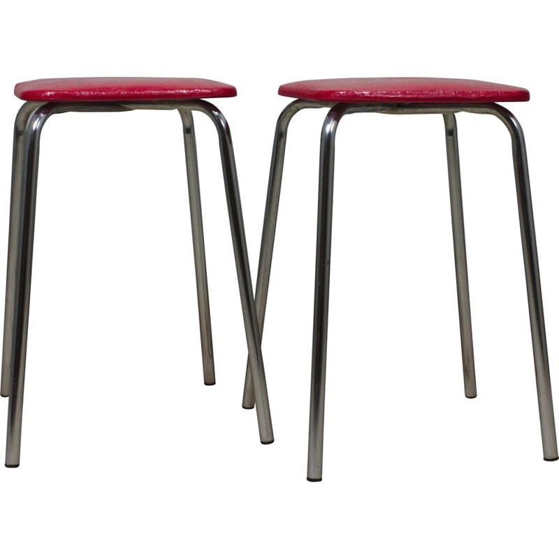 Pair of vintage chrome stools with red seat, 1960s