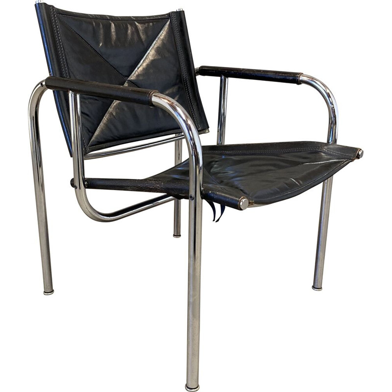 Vintage black leather and chrome armchair, 1960