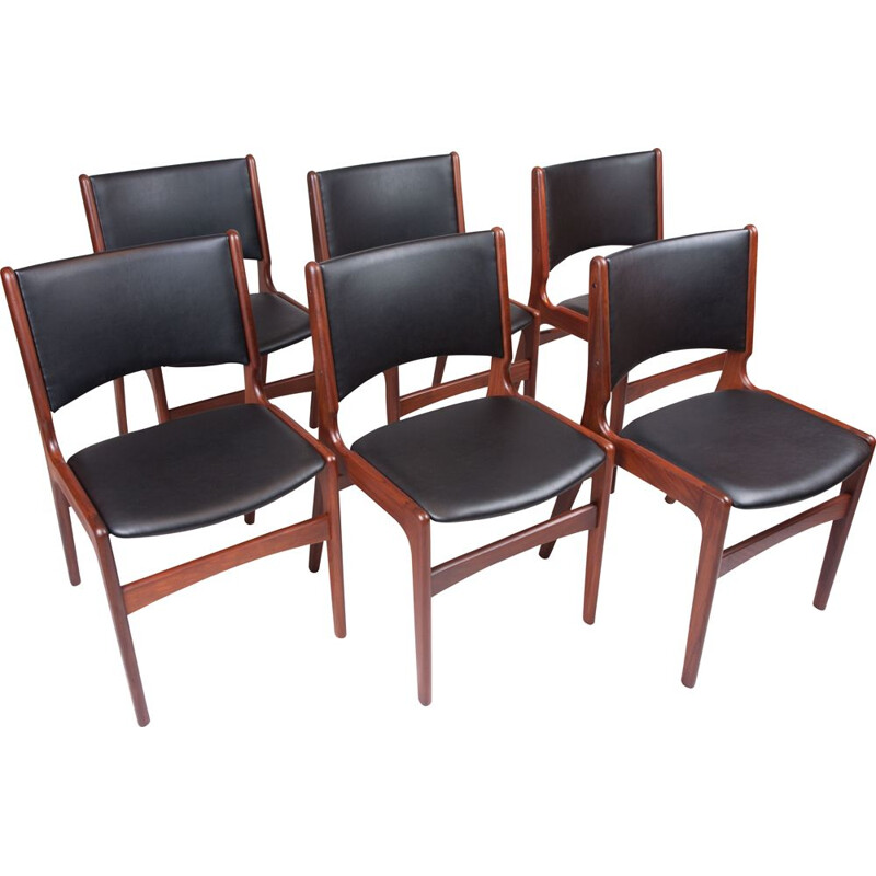 Set of 6 mid-century black eco-leather and teak dining chairs by Erik Buch for Anderstrup Møbelfabrik, Denmark 1960s