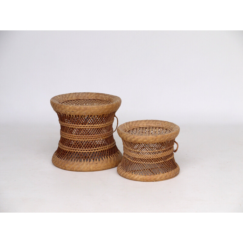 Pair if vintage wicker and rattan stools, 1960s