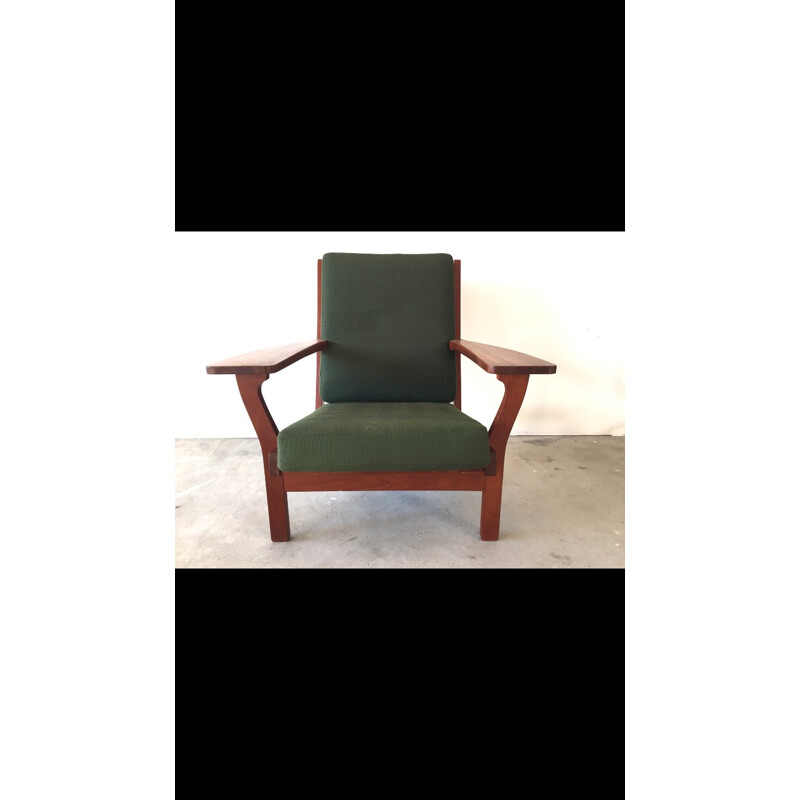 Scandinavian Getama armchair in green fabric in teak wood, Hans J WEGNER - 1950s