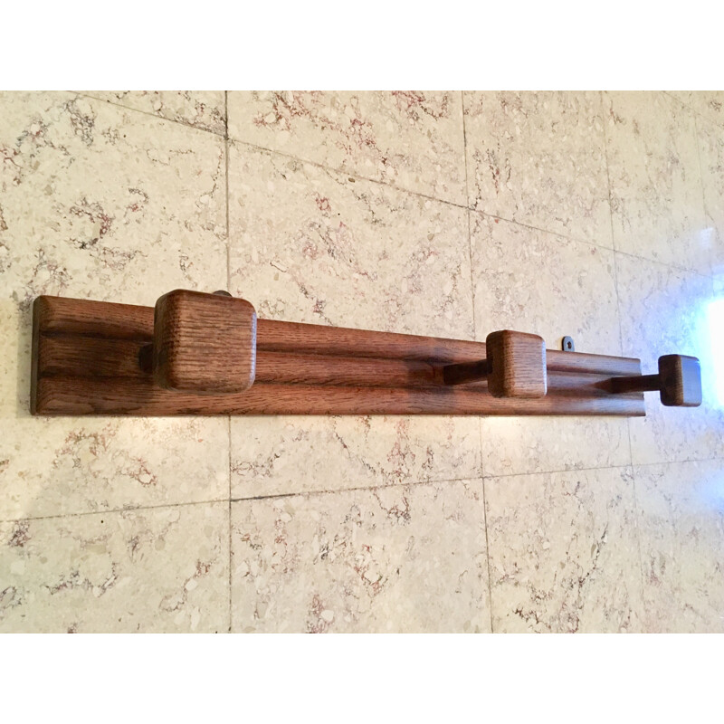 Vintage Art Deco solid oak wall coat rack, 1930-1940