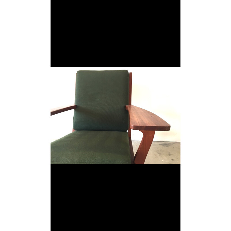 Scandinavian Getama armchair in green fabric in teak wood, Hans J WEGNER - 1950s