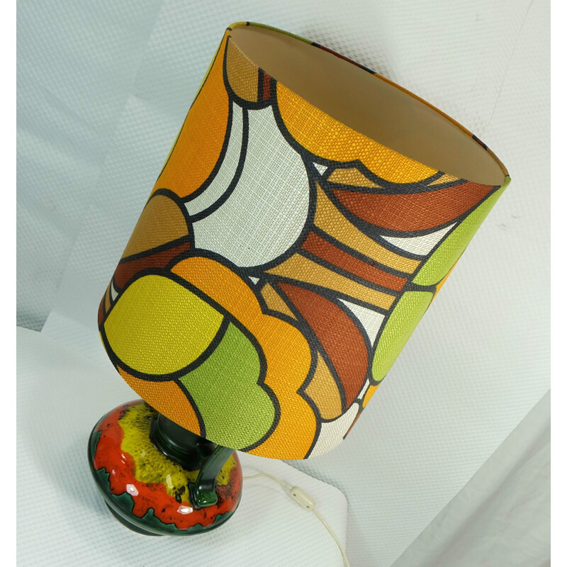 Table lamp in ceramic with pop art textile shade - 1970s