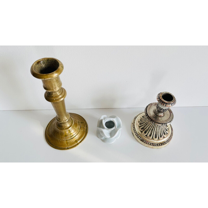 Set of 3 vintage porcelain, brass and silver candlesticks