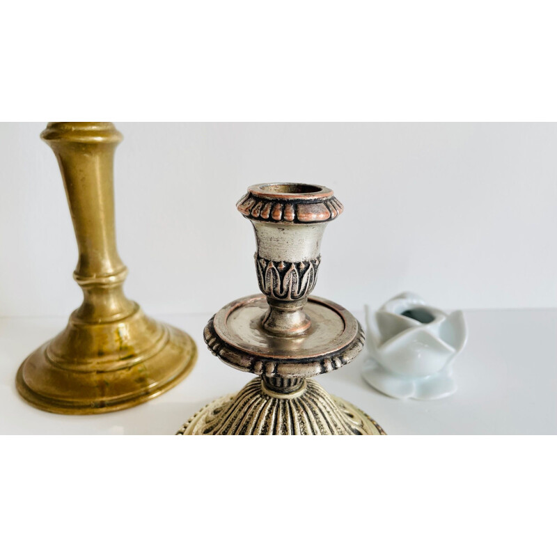 Set of 3 vintage porcelain, brass and silver candlesticks