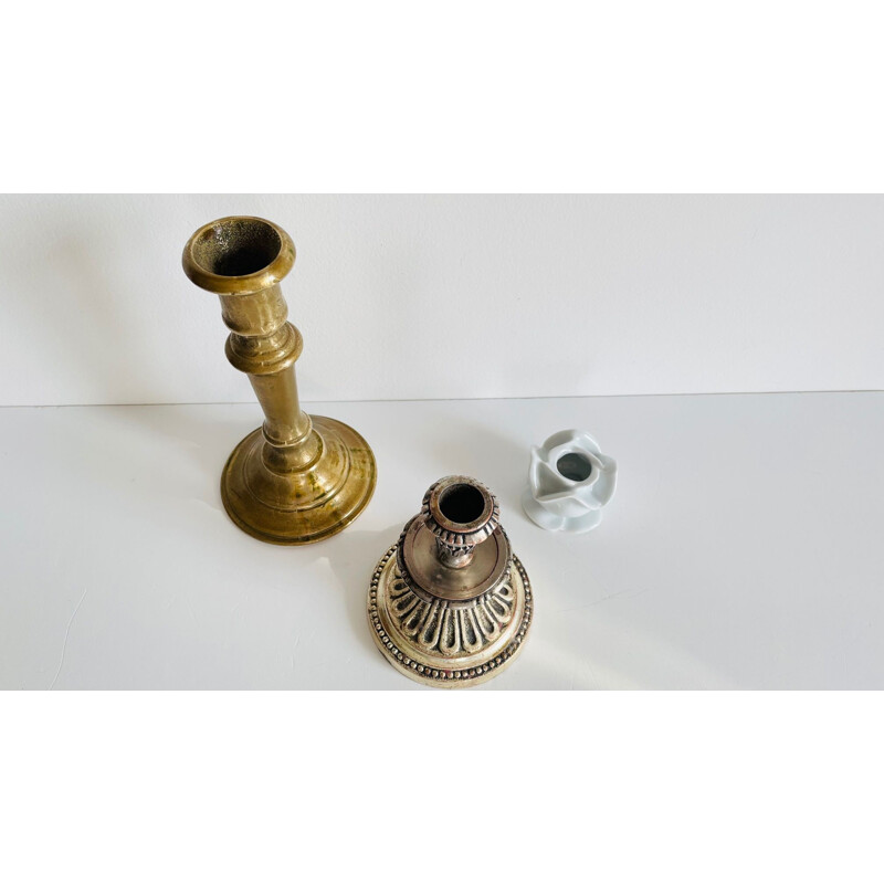 Set of 3 vintage porcelain, brass and silver candlesticks