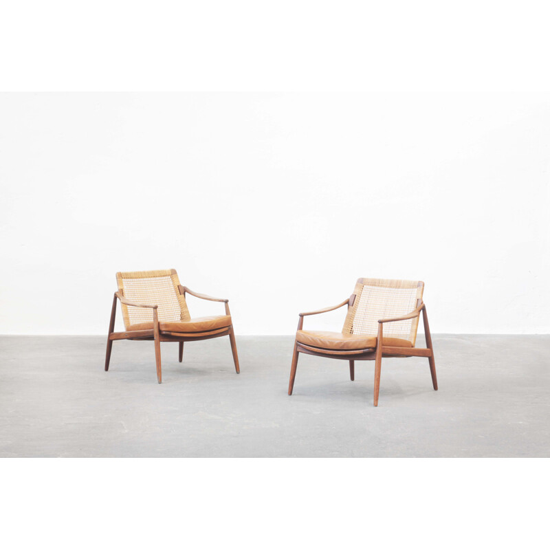 Pair of vintage cane and teak armchairs by Hartmut Lohmeyer for Wilkhahn, Germany 1950s