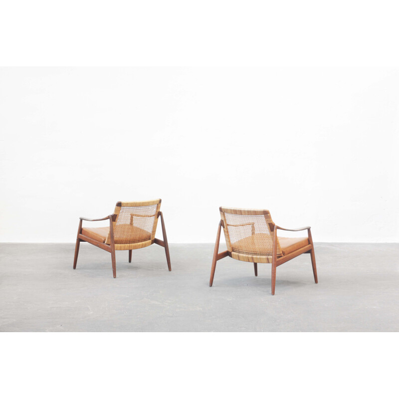 Paire de fauteuils vintage en rotin et teck par Hartmut Lohmeyer pour Wilkhahn, Allemagne 1950